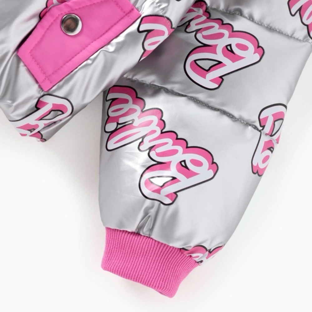 Barbie Girl 1pc Logo Pattern Long-sleeve Crop Puffer Jacket Silver and Pink - Picture 5 of 12